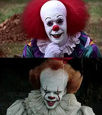 Пеннивайз в исполнении Тима Карри (сверху) в телефильме 1990 года и Билла Скарсгарда (снизу) в кинофильме 2017 года