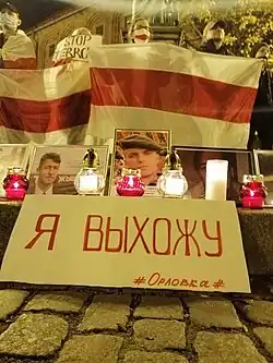 Плакат с надписью «Я выхожу» и бело-красно-белыми флагами на фоне во время акции солидарности с Беларусь в польском городе Торунь.