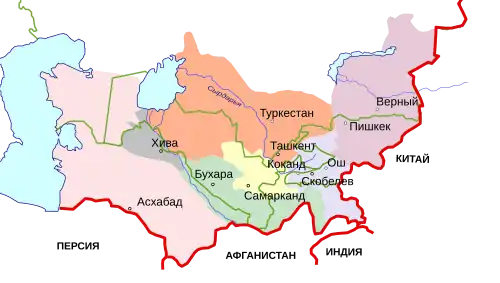 Карта Туркестанской АССР. Сырдарьинская область выделена оранжевым цветом.