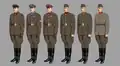 Парадная форма 1941 года: старший лейтенант (АБТВ), капитан (ВВС), старший батальонный комиссар (пехота), сержант (артиллерия), курсант (ВВС), красноармеец (пехота).