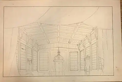 Эскиз декорации. Интерьер деревянного дома