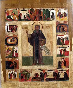 Преподобный Кирилл Новоезерский в житии. Ок. 1648 г. 134,5 х 109,5 см. Происходит из Кирилло-Новезерского монастыря. В Н.В. хранится в Череповецком музейном объединении Вологодской области. Реставрация 2000 – 2010 г Беловым С.П.