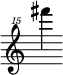 { \new Staff \with { \remove "Time_signature_engraver"} {\clef "treble^15" fis'''''4}}