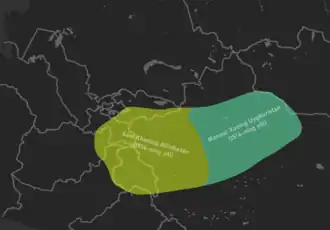 Разделенное Могульское ханство в 1516 году. Яркендское ханство Султан-Саид-хана в Кашгарии (Алтышахр) и Турфанское ханство Мансур-хана в Уйгуристане.