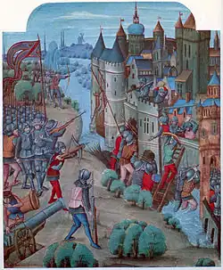 Миниатюра из хроник Жана Фруассара, ок. 1470 г. на арбалетчике в центре в красном гамбезоне, надетом поверх кольчуги - набрюшник и наспинник.