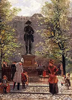 Жанровая сцена на фоне памятника генералу Зейдлицу работы скульптора Жана Пьера Антуана Тассара на одной из площадей Берлина, 1872. Бранденбургский музей, Берлин.