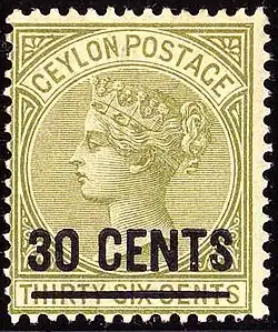 1885: надпечатка нового номинала в 30 центов (Yt #104; SG #191)