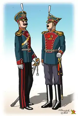 Зимняя парадная вне строя форма офицеров постоянного состава Главной Офицерской Гимнастическо-фехтовальной школы: слева — офицеров, числящихся по кавалерии и конной артиллерии, справа — офицеров, числящихся по пехоте и артиллерии