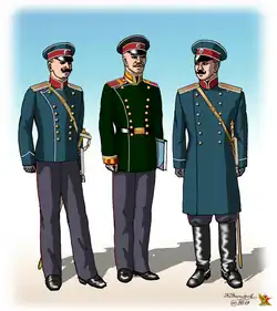 Форма одежды чинов постоянного состава Главной Офицерской Гимнастическо-фехтовальной школы (слева направо): повседневная форма офицеров, числящихся по кавалерии и конной артиллерии, форма одежды нижних чинов, повседневная форма офицеров, числящихся по пехоте и артиллерии