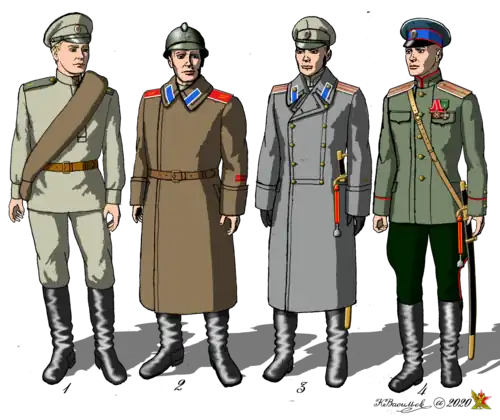 1. Рядовой 1-го Особого пехотного полка. 2. Рядовой 6-го Особого пехотного полка. 3. Подполковник управления 1-й Особой пехотной бригады.4. Подпоручик 4-го Особого пехотного полка. Форма вне строя.