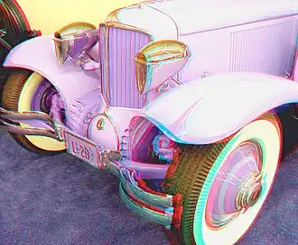 Цветная анаглифическая фотография (фильтр для левого глаза — красный, для правого — голубой)