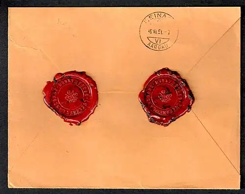 Оборотная сторона конверта, на клапан которого нанесены две сургучные печати банка Luzerner Landbank в Гросвангене (1951)