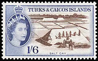 1957: добыча соли на острове Солт-Кей. Портрет Елизаветы II (Mi #173)