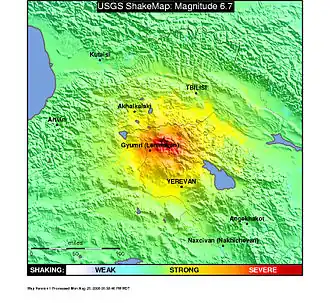 Распределение интенсивности землетрясения по Армении