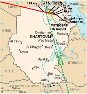 расчётная траектория и высота метеора 2008 TC3.