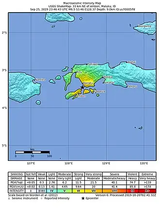 Эпицентр землетрясения в Амбоне 25 сентября 2019 года (Снимок USGS)