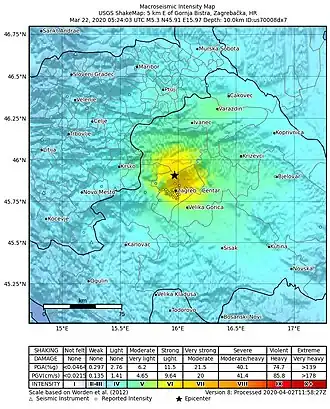 Эпицентр землетрясения в Загребе 22 марта 2020 года (Снимок USGS)