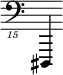 { \new Staff \with { \remove "Time_signature_engraver"} {\clef "bass_15" dis,,,,4}}