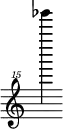 { \new Staff \with { \remove "Time_signature_engraver"} {\clef "treble^15" ges'''''''4}}