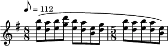 
{
\clef treble
\key g \major
\time 8/8
\tempo 8 = 112
\set Staff.midiInstrument = #"oboe"
<e'' b''>8[\( <d'' a''> <e'' b''> <g'' d'''>] <e'' b''>[ <d'' a''> <b' e''> <d'' g''>]
\time 5/8
<e'' b''>[ <d'' a''> <e'' b''> <d'' a''> <b' e''>]\)
}
