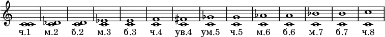 \new Staff \with {\remove "Time_signature_engraver"} {
< c' c' >1
< c' des' >
< c' d' >
< c' es' >
< c' e' >
< c' f' >
< c' fis' >
< c' ges' >
< c' g' >
< c' aes' >
< c' a' >
< c' bes' >
< c' b' >
< c' c'' > }
\addlyrics {"ч.1" "м.2" "б.2" "м.3" "б.3" "ч.4" "ув.4" "ум.5" "ч.5" "м.6" "б.6" "м.7" "б.7" "ч.8"}