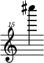 { \new Staff \with { \remove "Time_signature_engraver"} {\clef "treble^15" cis''''''4}}