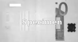 Лицевая сторона при 1000 нм: большинство цветов исчезло (европейский флаг вверху слева), так что структура бумаги хорошо видна. Водяные знаки (слева) хорошо видны.