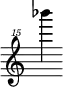 { \new Staff \with { \remove "Time_signature_engraver"} {\clef "treble^15" bes'''''4}}