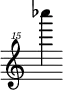 { \new Staff \with { \remove "Time_signature_engraver"} {\clef "treble^15" ces''''''4}}