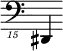 { \new Staff \with { \remove "Time_signature_engraver"} {\clef "bass_15" dis,,,4}}