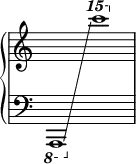 
\new PianoStaff <<
  \new Staff = "right" \with { \remove "Time_signature_engraver" } {
    s1
  }
  \new Staff = "left" \with { \remove "Time_signature_engraver" } {\cadenzaOn
    \clef bass
    \set Staff.ottavation = #"8"
    \once \override Staff.OttavaBracket.direction = #DOWN
    a,,1\glissando
    \change Staff = "right"
    \set Staff.ottavation = #"15"
    c'''1 \cadenzaOff \bar"|"
  }
>>
