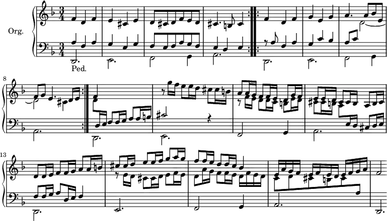 
\version "2.18.2"
\header {
  tagline = ##f
  % composer = "Johann Pachelbel"
  % opus = "Chaconne en ré mineur"
  % meter = ""
}

%% les petites notes
%trillBesp     = { \tag #'print { bes4.\prall } \tag #'midi { c32 bes c bes~ bes4 } }

upper = \relative c' {
  \clef treble 
  \key d \minor
  \time 3/4
  \tempo 4 = 60

      \repeat volta 2 { f4 d f | e cis e | d8 cis d f e d | cis4. b8 cis4 }%repet
      % ms. 5
      \repeat volta 2 { f4 d f | g e g | << { a4. a8 bes e, | f g e4. d16 e } \\ { s4 d2~ | d cis4 } >> }%repet
      % ms. 9
      << { f4 } \\ { d8 \stemUp  \change Staff = "lower"  d,16 e } >> \stemUp  \change Staff = "lower" f8 f16 g a8 a16 b \stemNeutral   \change Staff = "upper" |
      % ms. 10
      r8 g''16 f e8 e16 d cis8 cis16 b | 
      << { a8 a16 g f8 f16 e d8 g16 f | e8 e16 d cis8 cis16 b } 
      \\ { r8 f'16 e d8 d16 c b8 e16 d | cis8 cis16 b }  >> a8 b16 cis | d8 d16 e f8 f16 g a8 a16 b |
      % ms. 14
      << { cis8 cis16 d e8 e16 f g8 a16 g | f8 f16 e d8 d16 c bes4 | e,16 a g f e f e d e f g a | f2*1/2 } \\ { r8 e16 d cis8 cis16 d e8 f16 e | d8 a'16 g f8 f16 e d f e d | c8 d cis b cis \stemUp  \change Staff = "lower" a8 } >>

}

lower = \relative c' {
  \clef bass
  \key d \minor
  \time 3/4

    % ************************************** \appoggiatura a16  \repeat unfold 2 {  } \times 2/3 { }   \omit TupletNumber 
     \repeat volta 2 { << { a4 f a | g e g | f8 e f a g f | e4 d e } \\ { \stemUp d,2.-\markup{Ped.} \stemDown e f2 g4 | a2. } >> }%repet
      % ms. 5
      \repeat volta 2 { << { r8 a'8 f4 a | g c bes | a8[ c] } \\ { d,,2. e f2 g4 | a2. } >> }
      % ms. 9
      << { s2. | cis'2 r4 } \\ { d,,2. e2. } >> | f2 g4 | 
      << { s4 \stemDown \change Staff = "upper"  a'8 \stemUp \change Staff = "lower" e16 d cis8 d16 e | f8 f16 g a8 d,16 e f4 } 
      \\ { a,2. | d,2. } >>
      % ms. 14
      e2. f2 g4 a2. | d,2.*1/3

}

thePianoStaff = \new PianoStaff <<
    \set PianoStaff.instrumentName = #"Org."
    \new Staff = "upper" \upper
    \new Staff = "lower" \lower
  >>

\score {
  \keepWithTag #'print \thePianoStaff
  \layout {
      #(layout-set-staff-size 17)
    \context {
      \Score
     \override TupletBracket.bracket-visibility = ##f
     \override SpacingSpanner.common-shortest-duration = #(ly:make-moment 1/2)
      \remove "Metronome_mark_engraver"
    }
  }
}

\score {
  \unfoldRepeats
  \keepWithTag #'midi \thePianoStaff
  \midi {  \set Staff.midiInstrument = #"church organ" }
}
