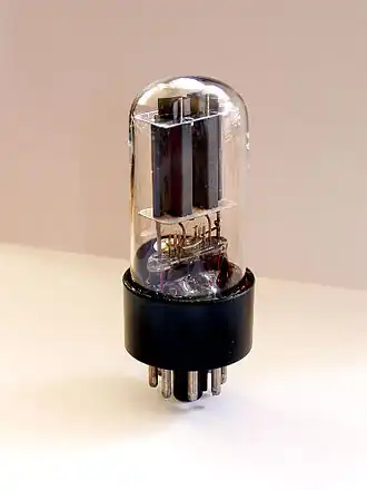 Советский двойной триод 6Н8С — один из множества зарубежных аналогов американской 6SN7. Хорошо видна стеклянная гребешковая ножка, несущая конструктивную арматуру лампы.