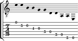 \new StaffGroup \with {
\consists "Instrument_name_engraver"
} <<
\new Staff \with {
midiInstrument = "acoustic guitar (steel)"
\remove "Time_signature_engraver"
} { \clef "treble_8" \relative c' {
\time 13/4
\hide StringNumber \hide Stem
e e\2 b b\3 g g\4 d d\5 a a\6 e
} }
\new TabStaff \with {
stringTunings = \stringTuning <e, a, d g b e'>
} \relative c' {
\time 13/4
e e\2 b b\3 g g\4 d d\5 a a\6 e
}
>>