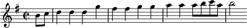 
\relative a' { 
\set Staff.midiInstrument = #"recorder"
\set Score.tempoHideNote = ##t
\tempo 4 = 145 
\key g \major
\time 2/2 
\partial 4 
b8 c
d4 d d g fis fis g g a a a8 b c a b2      }
