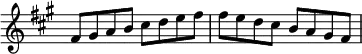 \new Staff \with {\remove "Time_signature_engraver"} {\key fis \minor \set Score.tempoHideNote = ##t \tempo 8 = 120
fis'8    gis'8    a'8    b'8    cis''8    d''8    e''8   fis''8
fis''8   e''8    d''8    cis''8    b'8    a'8    gis'8   fis'8 }