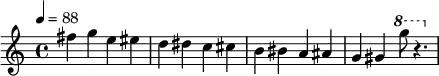  \relative c' 
{  \clef treble \time 4/4 \set Staff.midiInstrument = #"lead 1 (square)" \tempo 4 = 88
    fis'4 g4 e4 eis4
    d4 dis4 c4 cis4
    b4 bis4 a4 ais4
    g4 gis4 \ottava #1 g''8 r4.
  }
