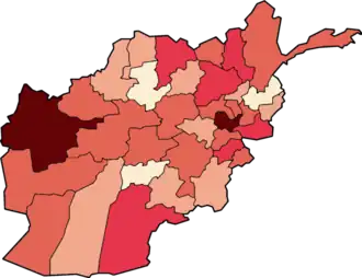 Карта распространения COVID-19 в Афганистане (по состоянию на 5 мая):
 Нет подтверждённых случаев
 1–9 подтверждённых случаев
 10–19 подтверждённых случаев
 20-49 подтверждённых случаев
 50-99 подтверждённых случаев
 ≥100 подтверждённых случаев