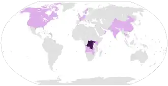 Страны с 10 000+ случаев
Страны с 1000–9999 случаев
Страны с 100–999 случаев
Страны с 1–99 случаев
Нет подтверждённых случаев