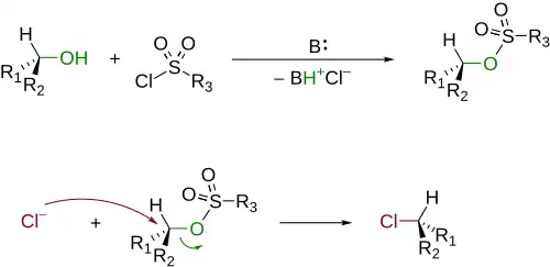 Превращение спиртов в алкилхлориды через промежуточное образование эфиров сульфокислот и последующее замещение