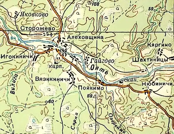 Деревня Вязикиничи на карте РККА 1940 года
