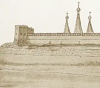 Алексеевская башня на рисунке из альбома Мейерберга (1661—1662 год). За стеной показаны купола храмов Алексеевского монастыря