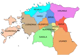 Карта исторических областей современной Эстонии. Харью обозначена голубым  цветом