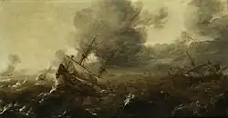 Корабли в штормовом море. Между 1607 и 1652. Дерево, масло. Частное собрание