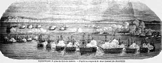 Корабли союзников, окружив Кинбурнскую косу, ведут массированный обстрел крепости