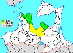 Расположение уезда Хигасицугару (зелёный цвет) на карте префектуры Аомори