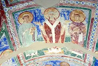 Аквилея, Базилика Успения Пресвятой Богородицы, святой Гермагор  в окружении святых Фортуната и Сира, XI-XII века.