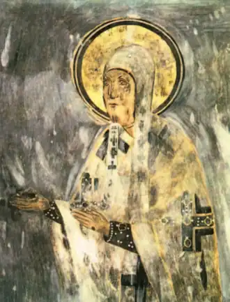 Архиепископ новгородский Алексий, фреска церкви Успения на Волотовом поле 1363 г., рисованая копия 1894 г. Ф. М. Фомина