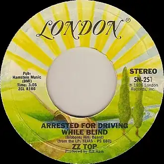 Обложка сингла ZZ Top «Arrested for Driving While Blind» (1976)