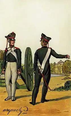 Бомбардир Гвардейской пешей артиллерии (летняя форма; слева) и фейерверкер 14-го егерского полка (зимняя форма).